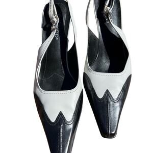 Women Franco Sarto Leather Pointed Sling Back Tuxedo Look Black/White Size 7.5